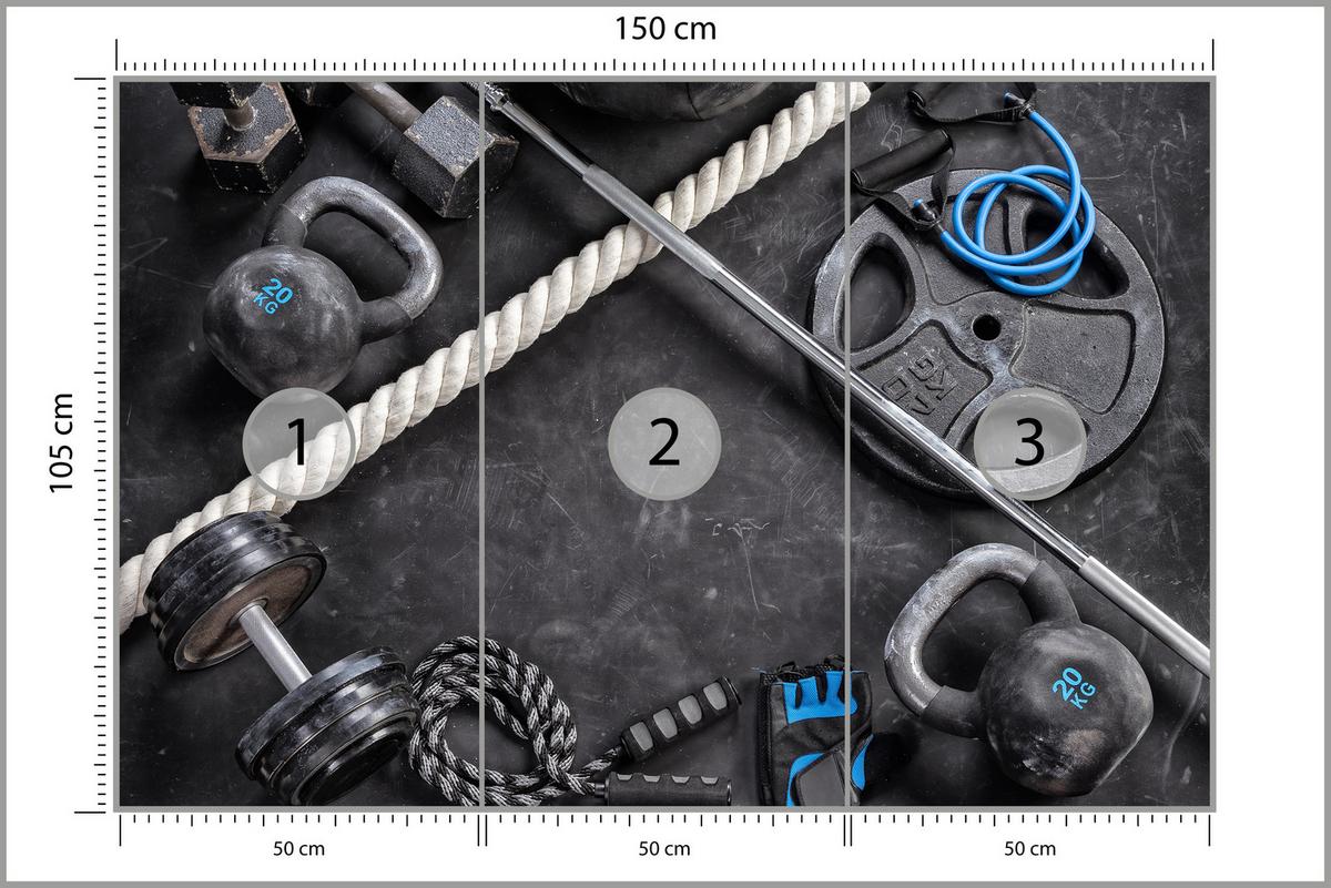 FOTOTAPETE für Fitnessstudio Sportgeräte zum Trainieren Kettlebells Hanteln 150x105 - Blau/Creme, Papier (150/105cm) - Muralo
