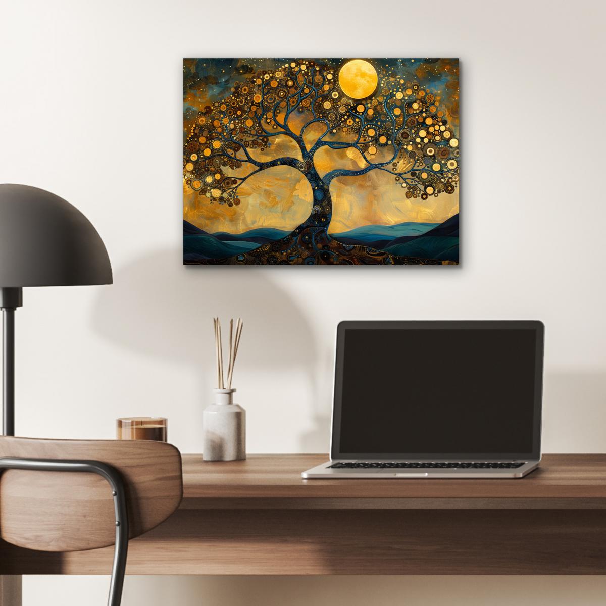 METALLBILD Baum - Mond - Blumen - Gold - Kunst 40x30 cm - Orange, Metall (40/30cm) - MuchoWow