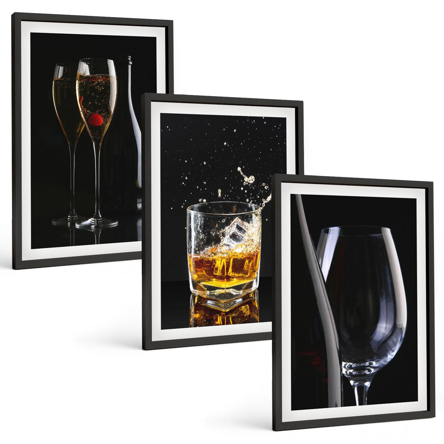 BILDER SET 3er Set - 40x60 cm Schwarzer Rahmen - Weingläser und Whiskygläser auf schwarzem Hintergrund - Schwarz, Kunststoff (40/60cm) - TULUP