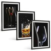 BILDER SET 3er Set - 40x60 cm Schwarzer Rahmen - Weingläser und Whiskygläser auf schwarzem Hintergrund - Schwarz, Kunststoff (40/60cm) - TULUP