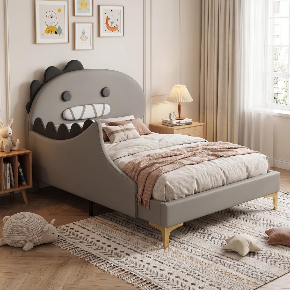 KINDERBETT pu dinosaurier design 90x200cm mit lattenrost - Grau, Leder (90/200cm) - Urban Meuble