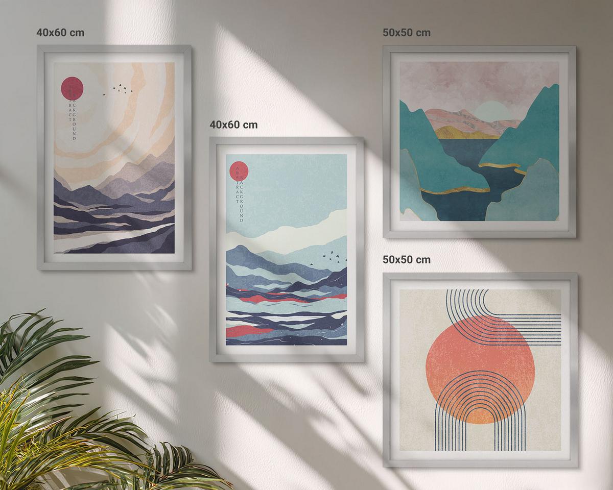 BILDER SET 4er Set - 50x50 cm & 40x60 cm Silberner Rahmen - Japanische Berglandschaften - Silberfarben, Kunststoff (50/50cm) - TULUP