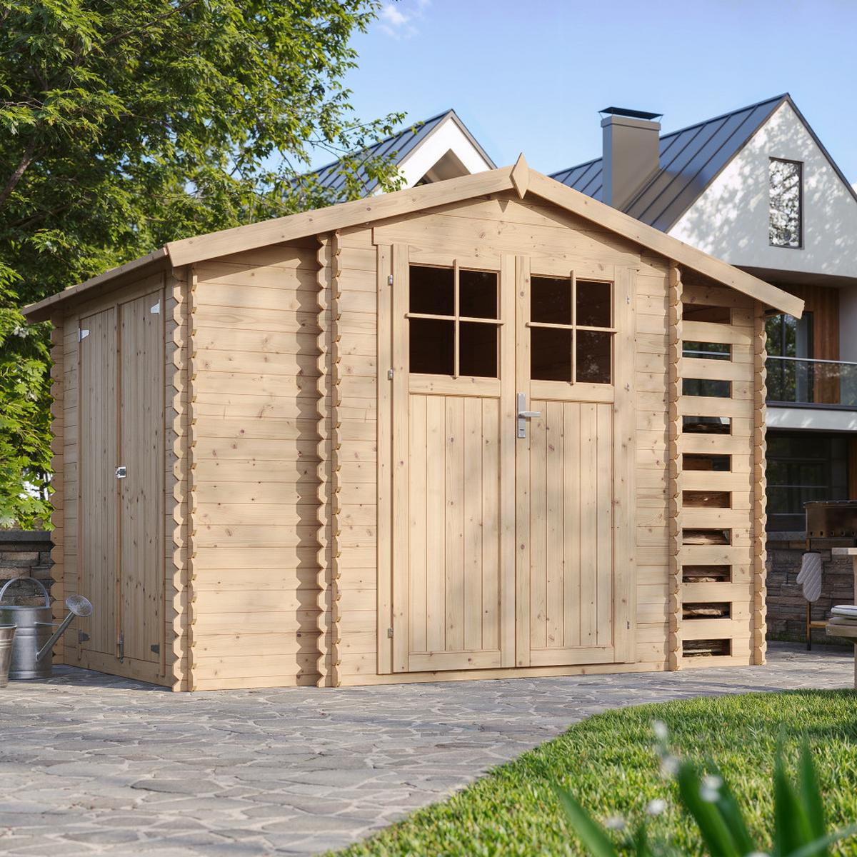 HOLZHAUS GARTENHAUS mit Brennholzschuppen M389F+M389G - mit imprägniertem Boden- 3,53 + 0,97 + 0,97 m2 - Beige, Holz (312/218/206cm) - Timbela