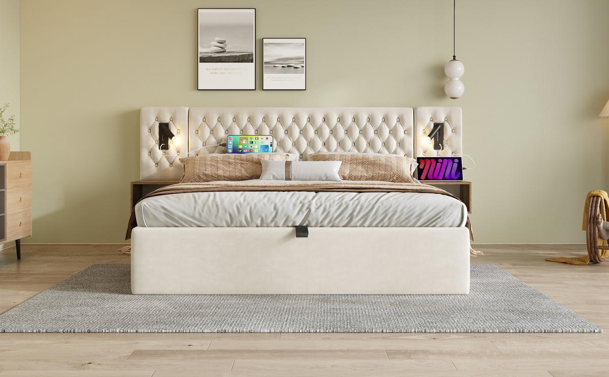 DOPPELBETT Beige 261/210/105 cm - Beige, Holzwerkstoff/Textil - Urban Meuble
