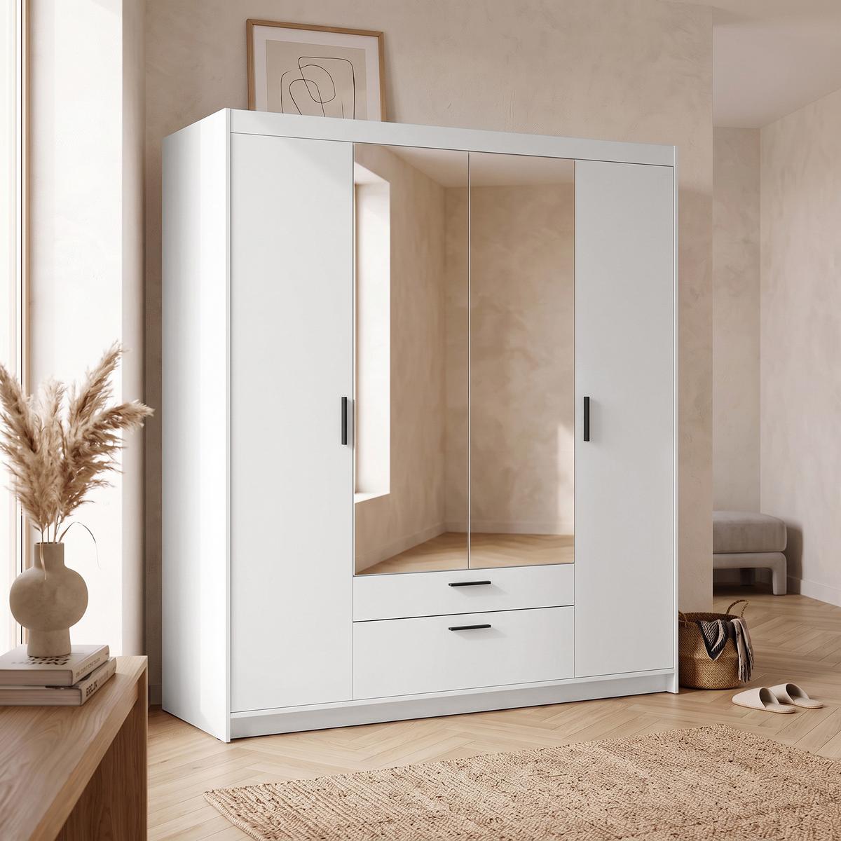 DREHTÜRENSCHRANK Elena mit 4 Türen, 2 Schubladen und Spiegel, 176 cm, Weiß - Weiß, Holzwerkstoff (176/190/53cm) - Beautysofa