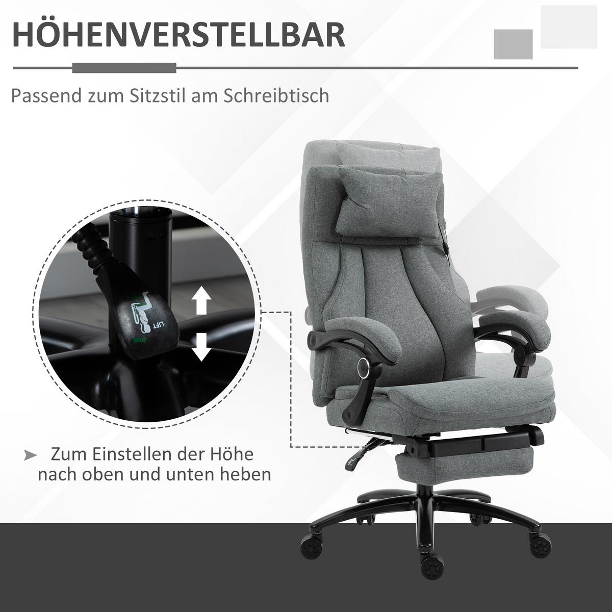 MASSAGEBÜROSTUHL Drehstuhl mit Fußstütze höhenverstellbar Leinen-Gefühl Grau - Grau, Kunststoff (74/117/64cm) - Vinsetto