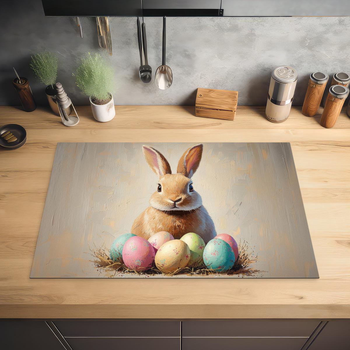 HERDABDECKPLATTE Osterhase - Pastell - Eier Ceranfeldabdeckung 76x51.5 cm - Beige, Kunststoff (76/51.5/0.2cm) - MuchoWow