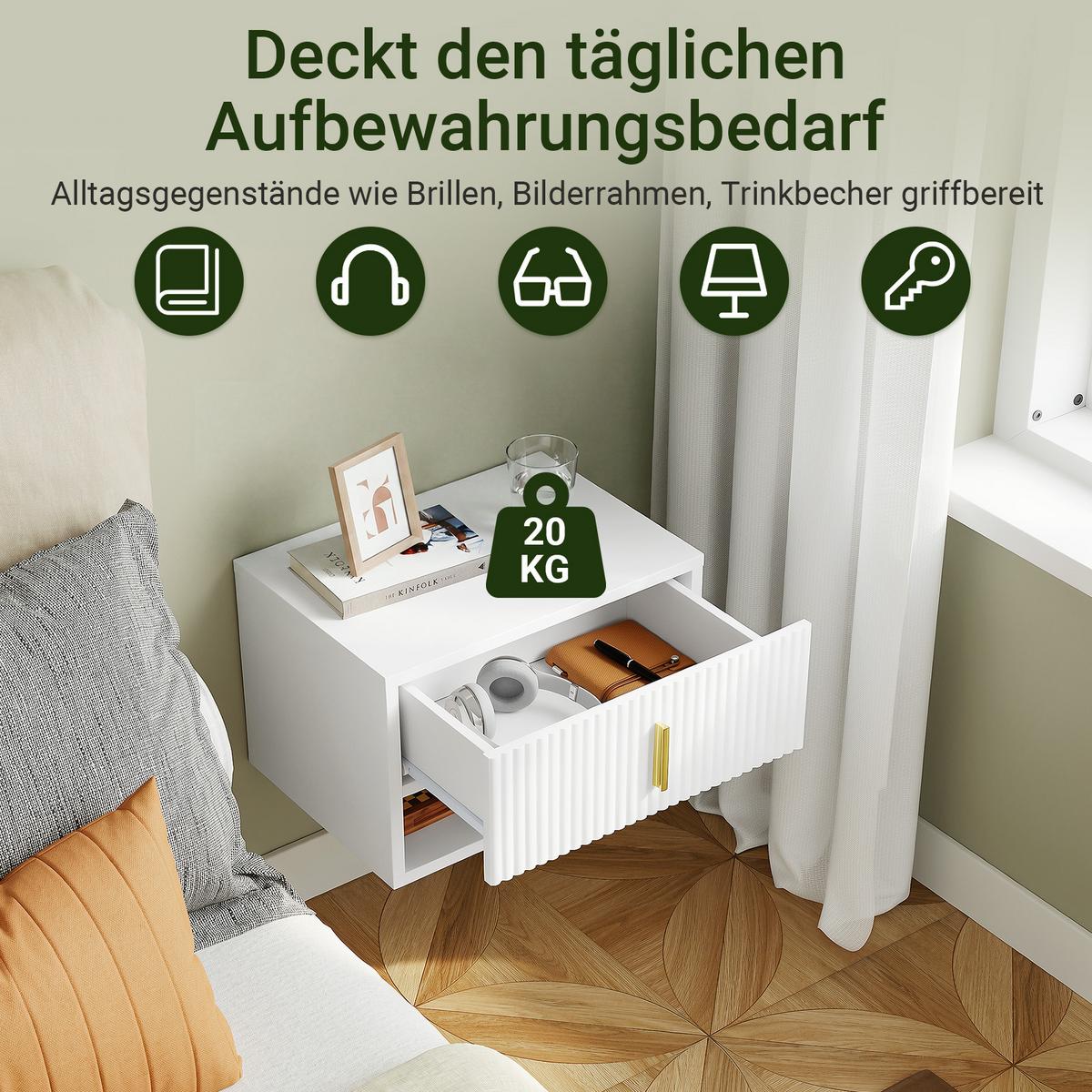 NACHTTISCH Schwebend Modern Weiß 40x30x26cm - Weiß, Holzwerkstoff (40/26/30cm) - SoBuy