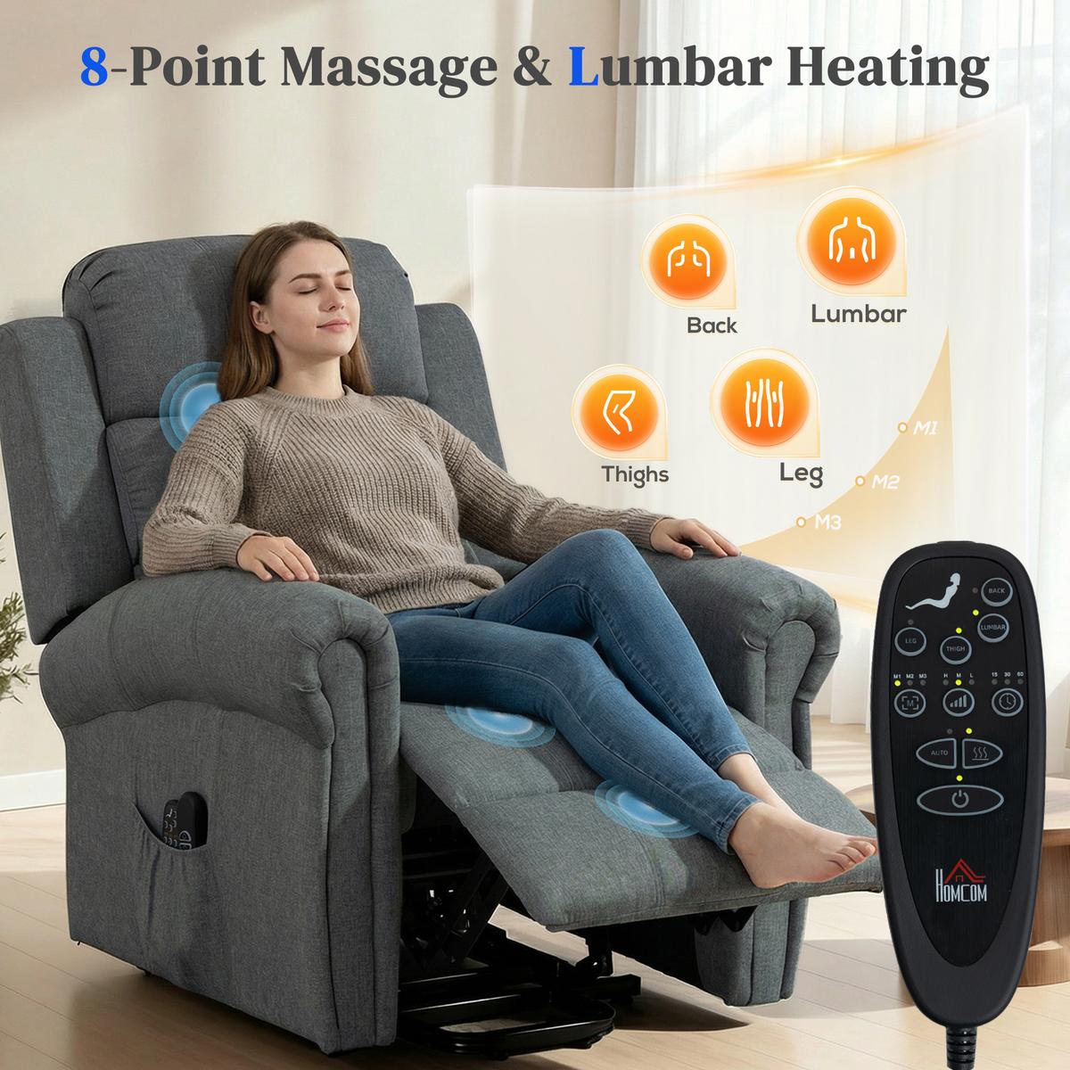 SESSEL mit Aufstehhilfe Neigebarer Massagesessel, Elektrischer Relaxsessel, Grau - Schwarz/Grau, Textil/Metall (87/108/87.5cm) - HOMCOM