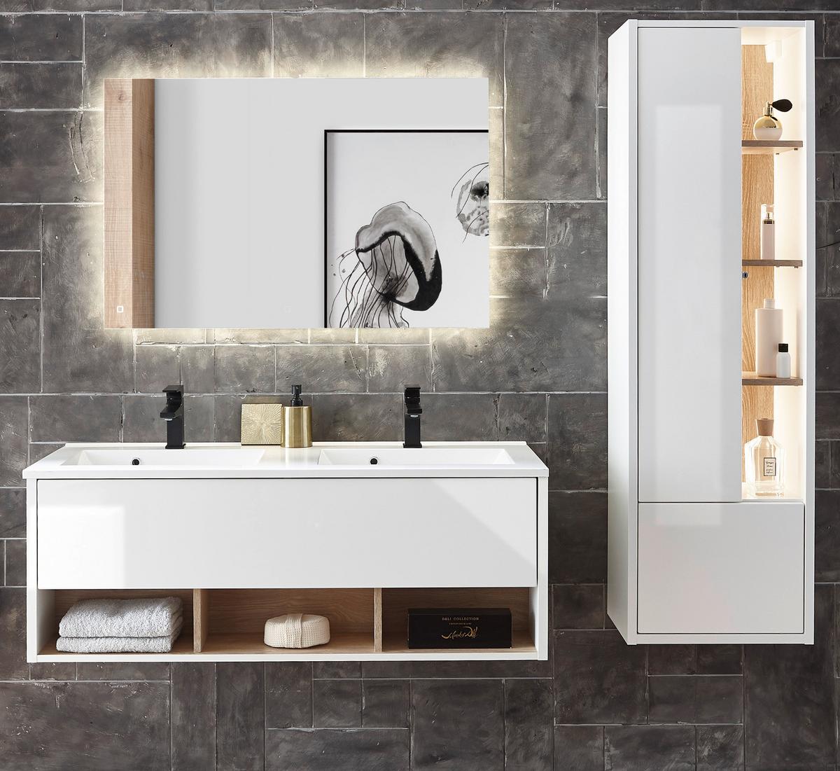 BADMÖBEL-SET weiß Hochglanz, Eiche mit Doppelwaschbecken und LED Beleuchtung 175 cm - Weiß Hochglanz/Eichefarben, Glas/Holzwerkstoff (175/190/47cm) - Furn.Design