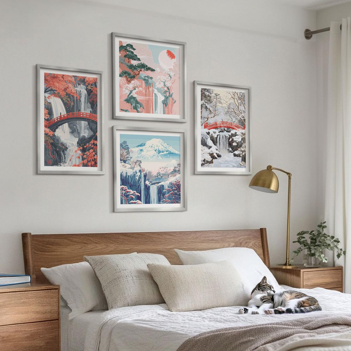 BILDER SET 4er Set - 50x50 cm & 40x60 cm Silberner Rahmen - Berglandschaften und Wasserfälle - Silberfarben, Kunststoff (50/50cm) - TULUP