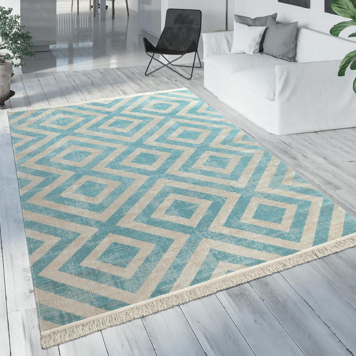 FLACHWEBTEPPICH, mit Rautenmuster, Blau, 60 x 100 cm - Blau, Textil (100/60cm) - KADIMA DESIGN