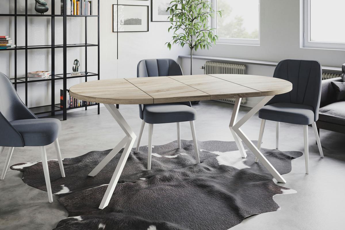 RUNDER Esszimmertisch LOFT LITEN, ausziehbarer Tisch Durchmesser: 100 cm/180 cm, Wohnzimmertisch Farbe: Beige, mit Metallbeinen in Farbe Weiß - Weiß/Sonoma Eiche, Holzwerkstoff (100/100/76cm) - Alpi-Möbel