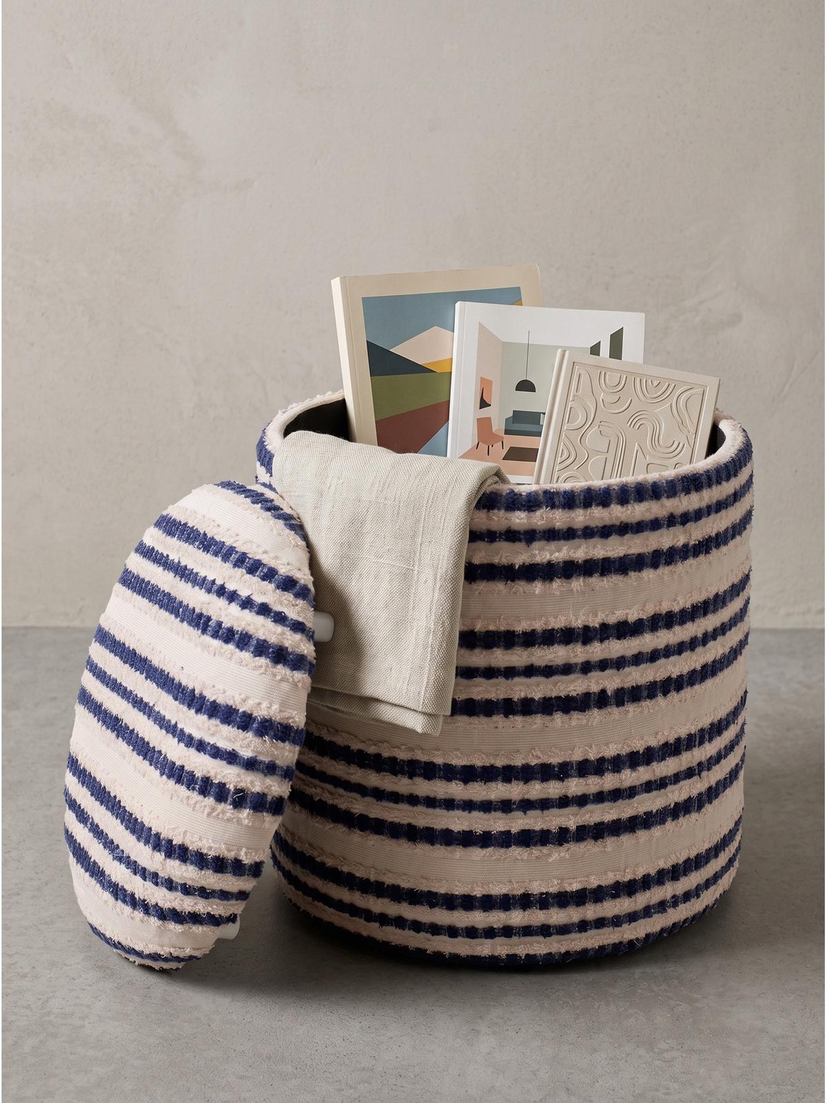 SITZHOCKER RHONE, Stoff, mit Textilbezug, Blau-Beige, Ø 40 x 45 cm - Blau/Beige, Textil (40/45/40cm) - KADIMA DESIGN