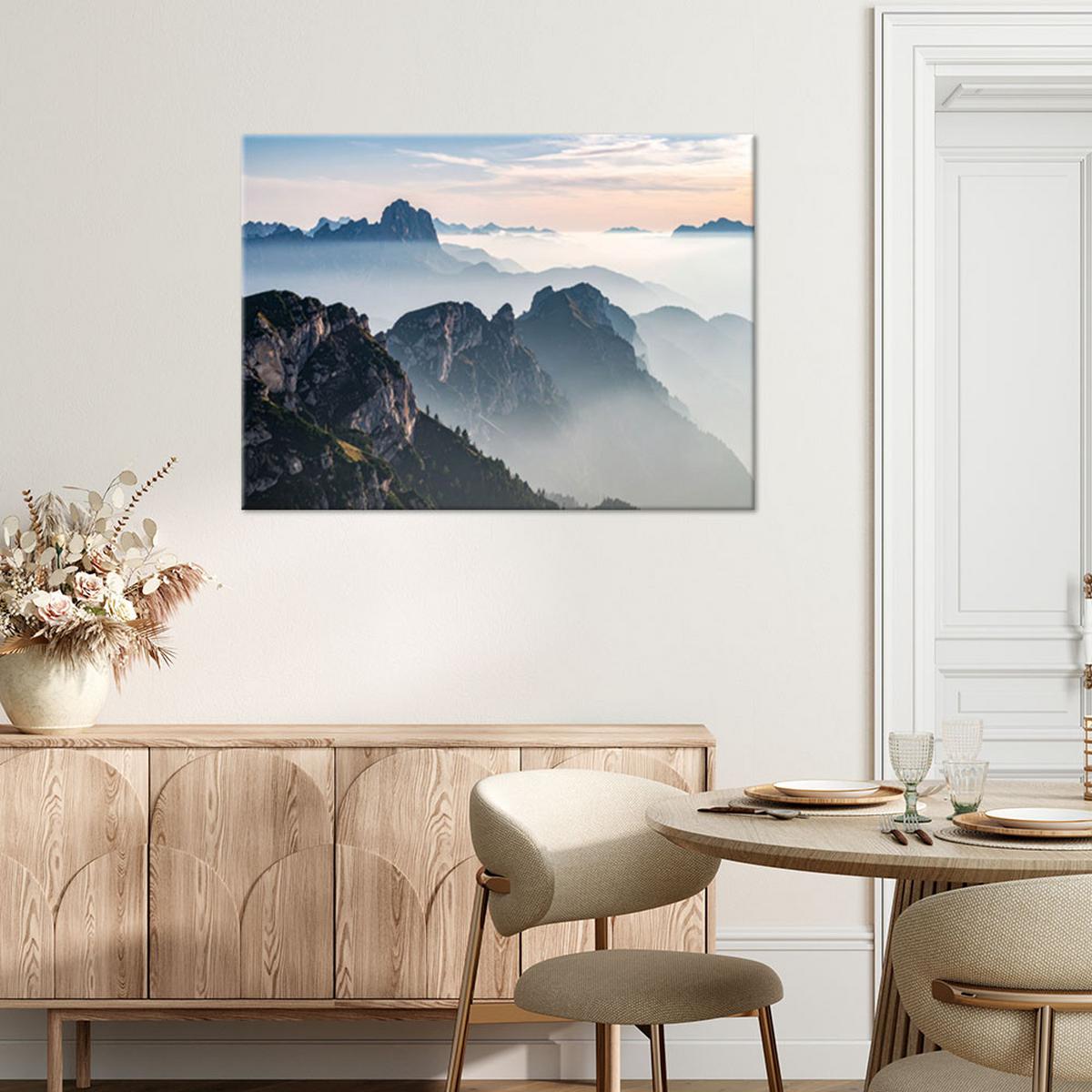 LEINWANDBILD Landschaft Berge Nebel Natur 120x80cm - Grau, Textil (120/80cm) - Feeby
