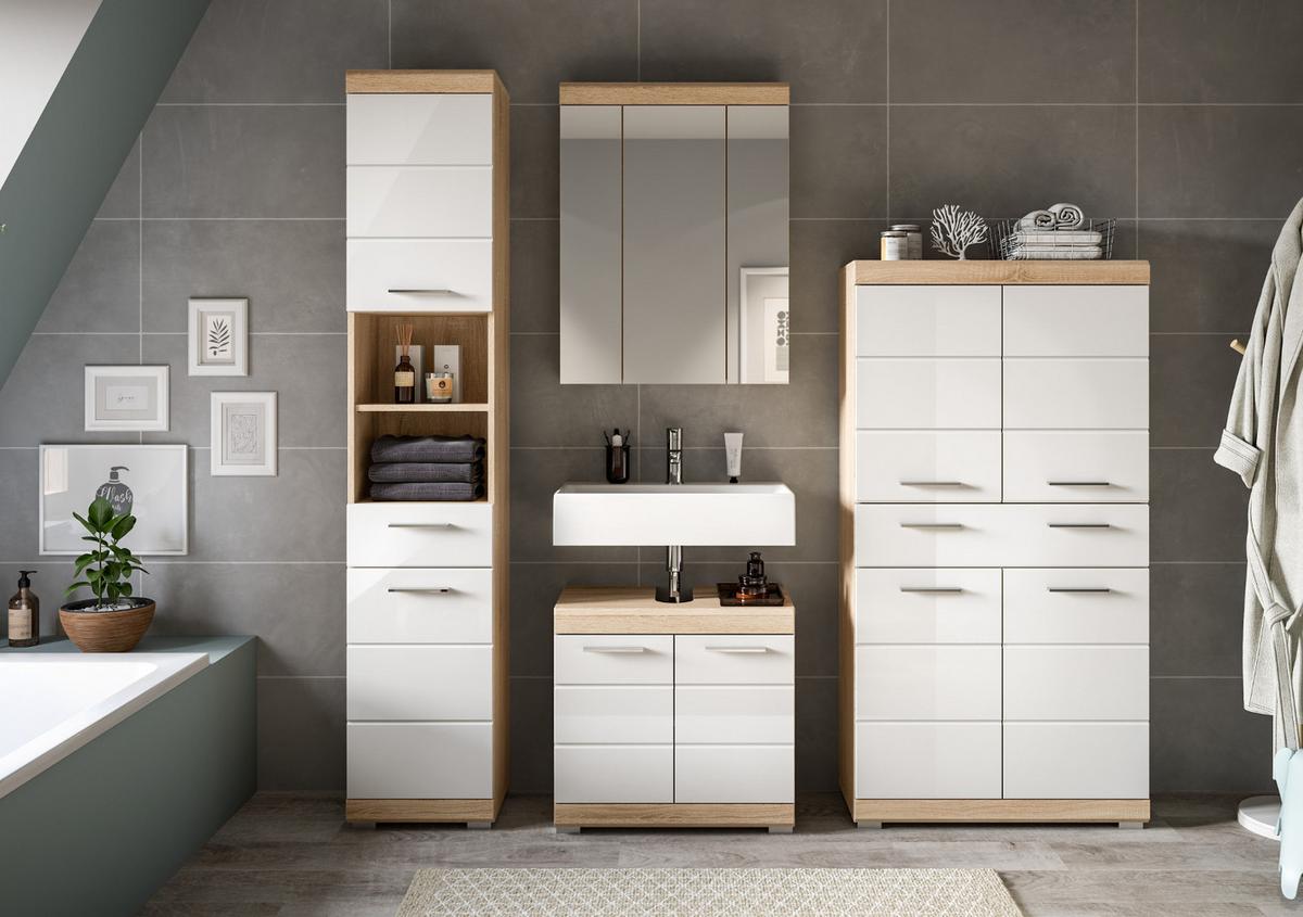 BADMÖBEL-SET weiß Hochglanz, Eiche 4-teilig 186 cm, viel Stauraum - Weiß Hochglanz/Eichefarben, Holzwerkstoff (186/191/34cm) - Inn.Furn
