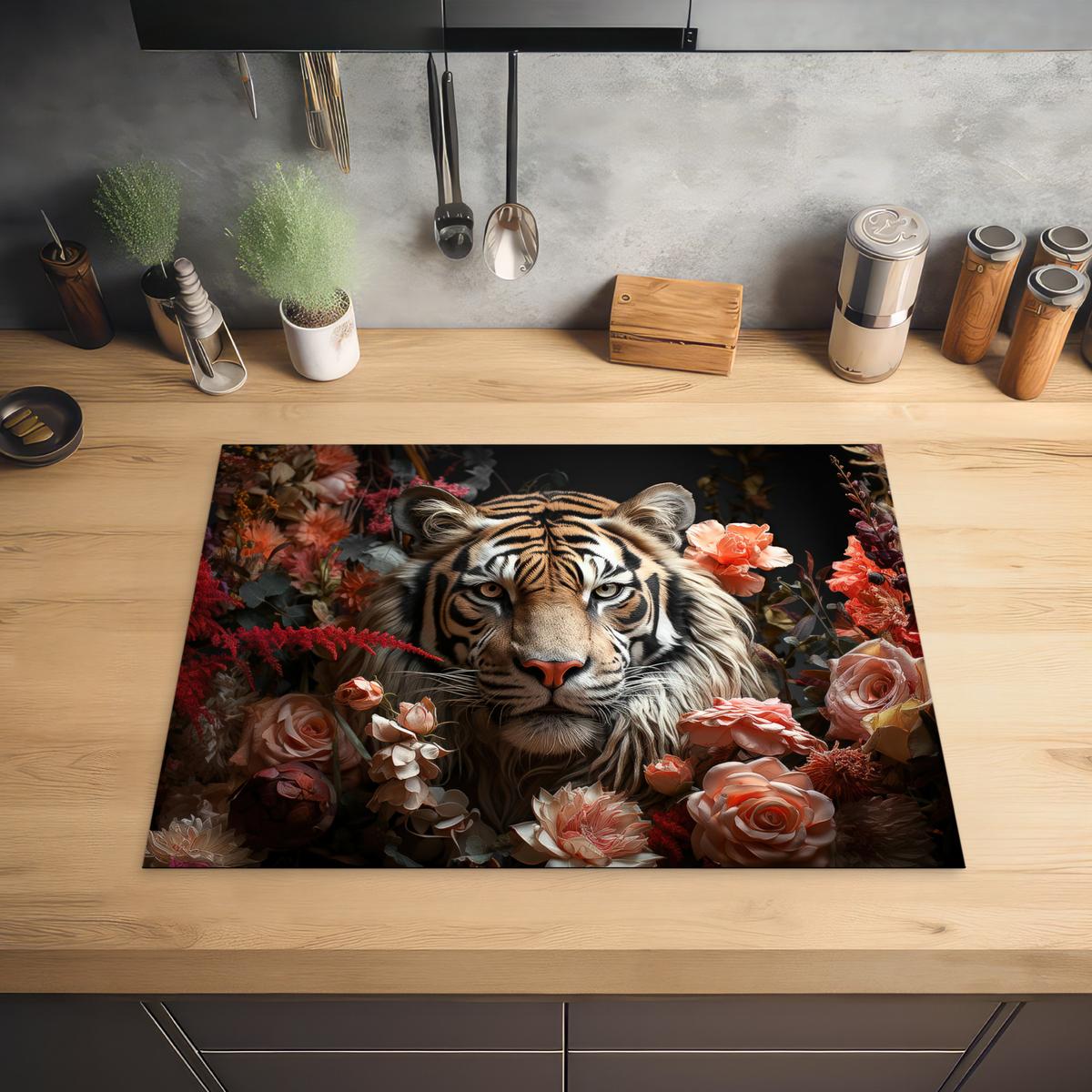 HERDABDECKPLATTE Tiger - Tier - Natur - Floral - Botanisch Induktionsmatte 71x52 cm - Orange, Kunststoff (71/52/0.2cm) - MuchoWow