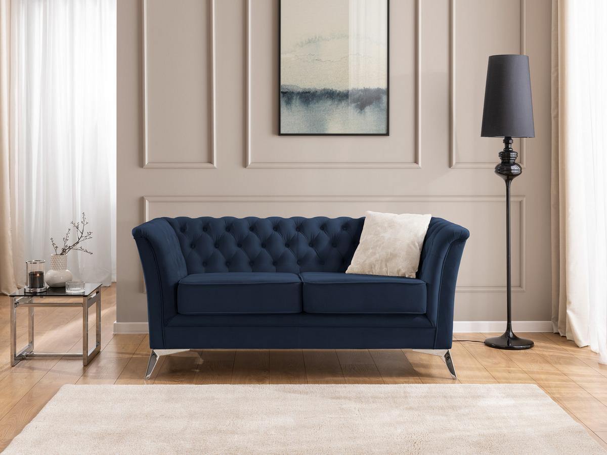 SITZGARNITUR 3+2 Chesterfield Whitby Marineblau Samt mit silbernen Füßen - Blau/Silberfarben, Holz/Textil (237/78/82cm) - S-Style Möbel