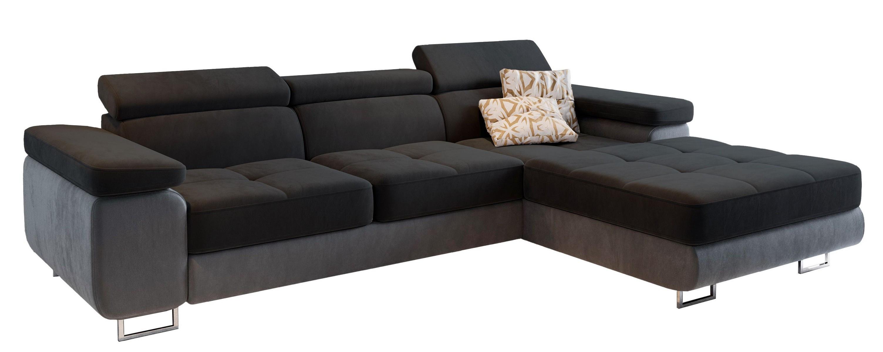 ECKSOFA ELMA R-S Schwarz Velours-Stoff mit Schlaffunktion - Silberfarben/Schwarz, Holz/Textil (280/205cm) - MASSENO