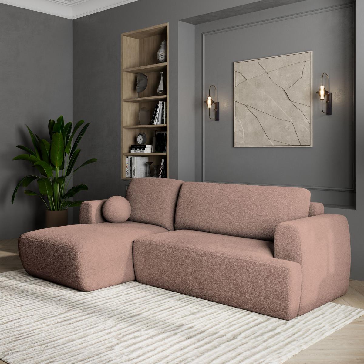 ECKSOFA SENTI N L-S Rosa Boucle-Stoff mit Schlaffunktion - Schwarz/Rosa, Holz/Kunststoff (246/148cm) - MASSENO