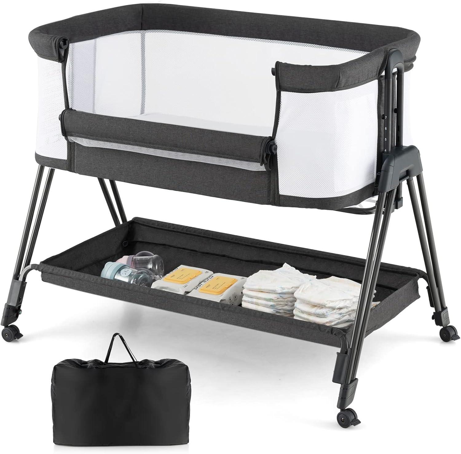 BABYBETT 2 in 1 Beistellbett Stubenwagen klappbar Grau - Grau, Metall - COSTWAY