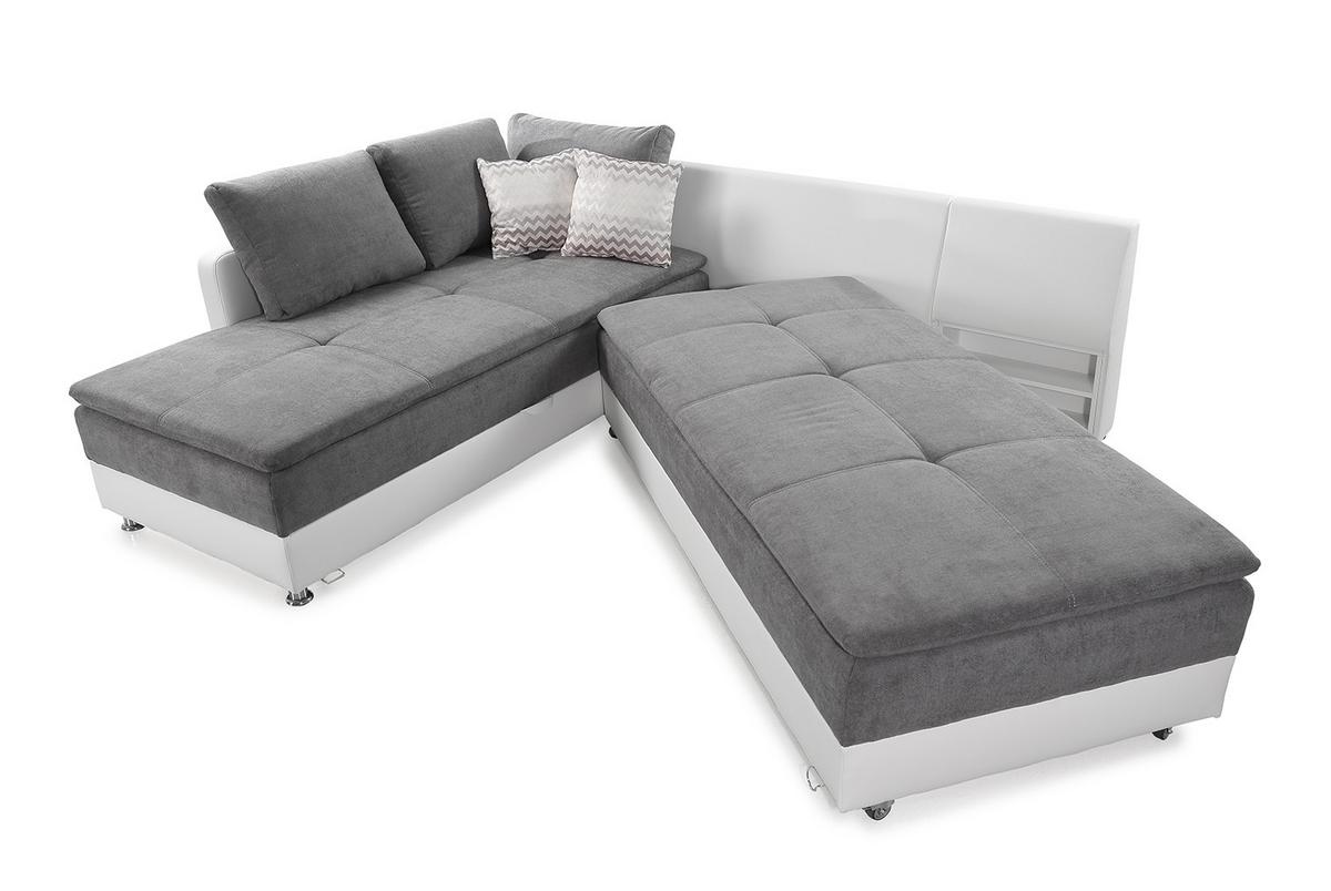 ECKSOFA-DAUERSCHLÄFER Doppelbett Boxspring Federkern Topper, Schwenkteil rechts B306/T223/H95 cm , Kunstleder Weiß+Mikrofaser Hellgrau / 15104 - Chromfarben/Hellgrau, Kunststoff/Textil (306/223cm) - luma-home