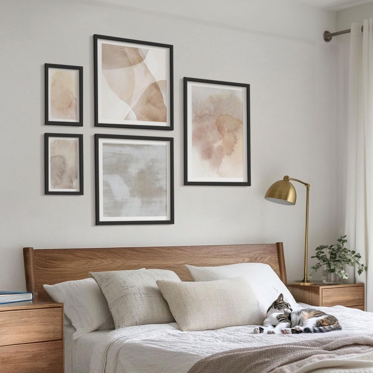 BILDER SET 5er Set - 50x50 cm & 20x30 cm & 40x60 cm Schwarzer Rahmen - Warme Aquarell-Pastelltexturen - Schwarz, Kunststoff (40/60cm) - TULUP