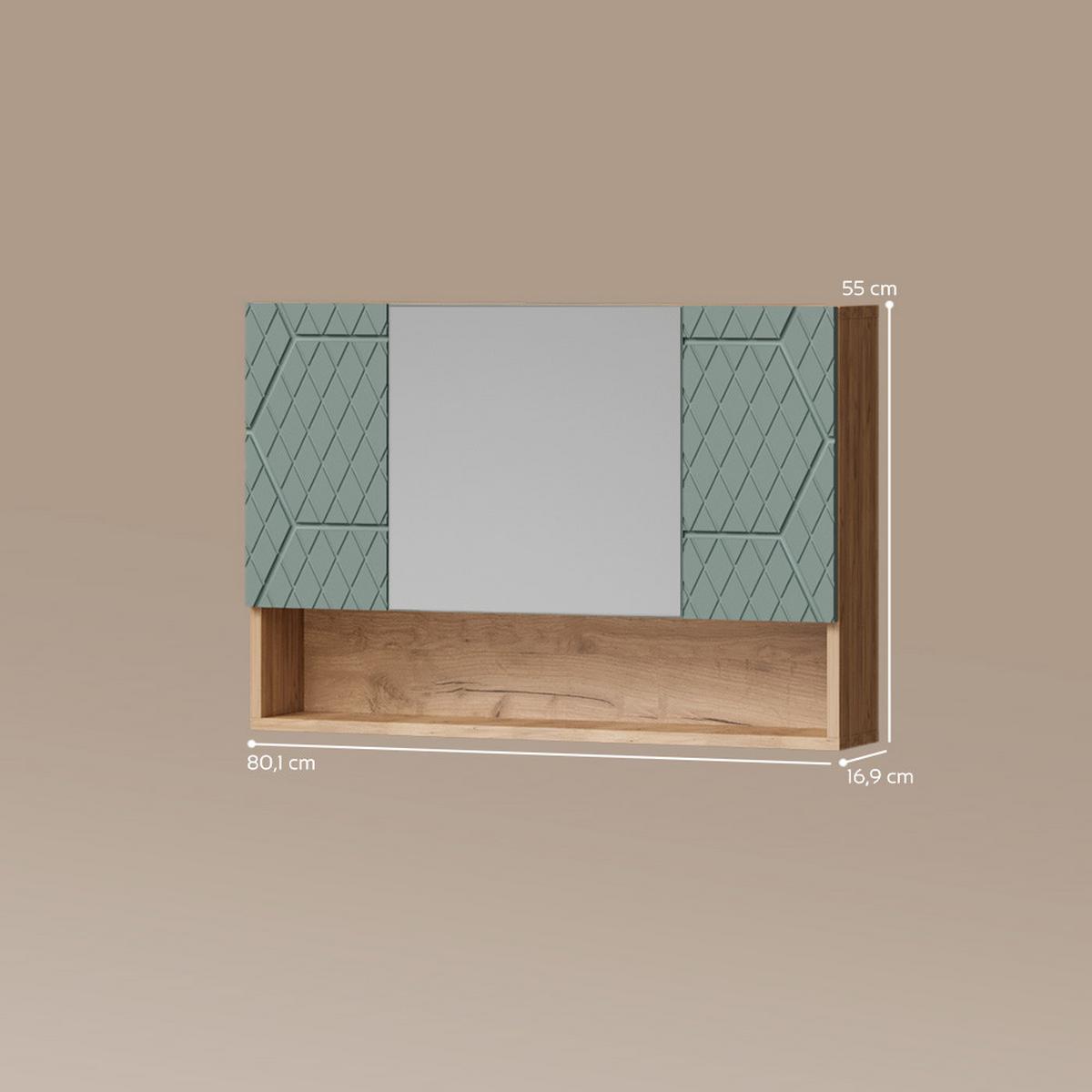 BADSPIEGELSCHRANK Ronco Grün/Goldkraft Eiche 80 x 55 cm - Honigeiche/Grün, Holzwerkstoff (80/55/17cm) - Livinity®