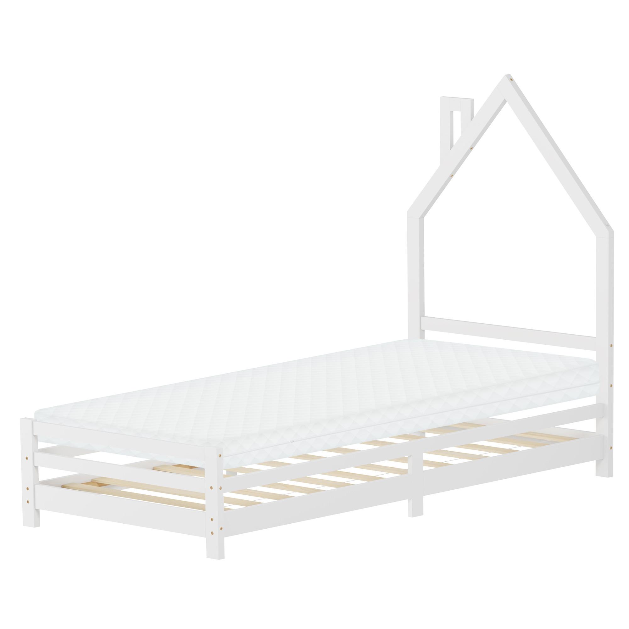 KINDERBETT Haus 90x200 cm mit Matratze Weiß Kiefernholz - Weiß, Holz (90/200cm) - ML-DESIGN