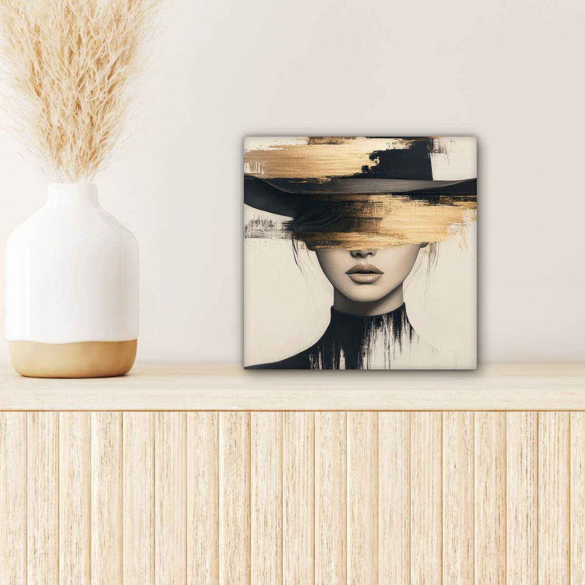LEINWANDBILD Frau - Hut - Farbe Deko Wohnzimmer 20x20 cm - Goldfarben, Textil (20/20cm) - MuchoWow