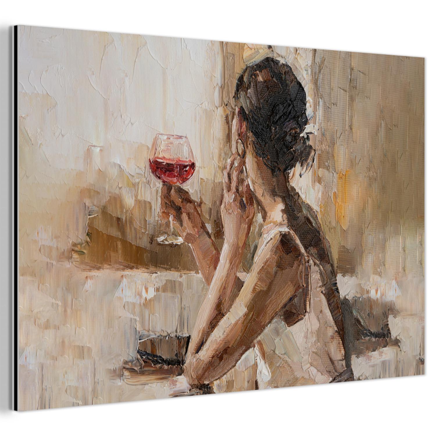METALLBILD Ölgemälde - Frau - Wein Wanddeko 90x60 cm - Hellbraun, Metall (90/60cm) - MuchoWow
