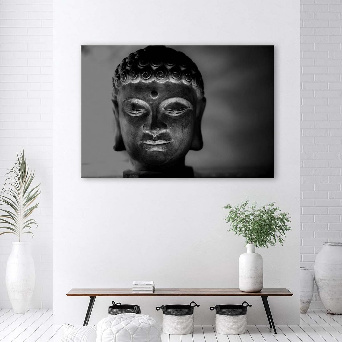BILD AUF LEINWAND Buddha Kopf Feng Shui 60x40cm - Grau, Textil (60/40cm) - Feeby