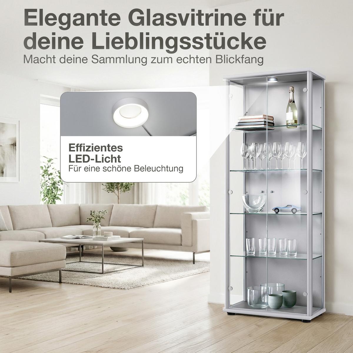 VITRINE 33/67/176 cm mit LED & 4 höhenverstellbaren Glasböden - Transparent/Silberfarben, Glas/Holzwerkstoff (67/176/33cm) - K-Möbel