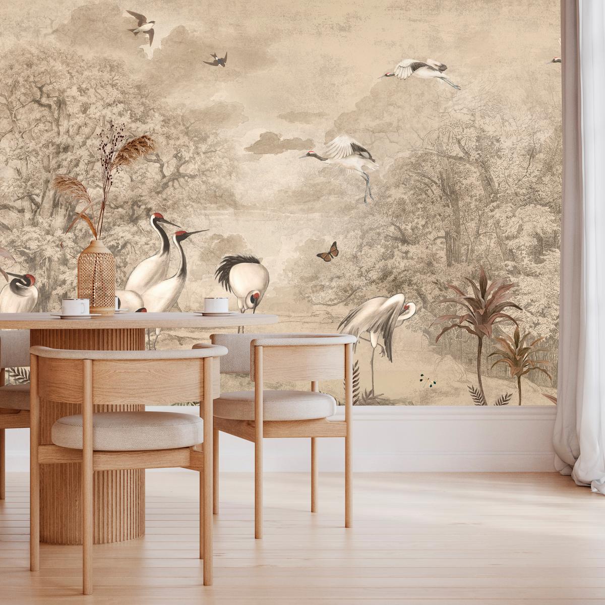FOTOTAPETE für Schlafzimmer Retro Kraniche Wald Bäume Vögel 450x315 - Beige/Rot, Papier (450/315cm) - Muralo