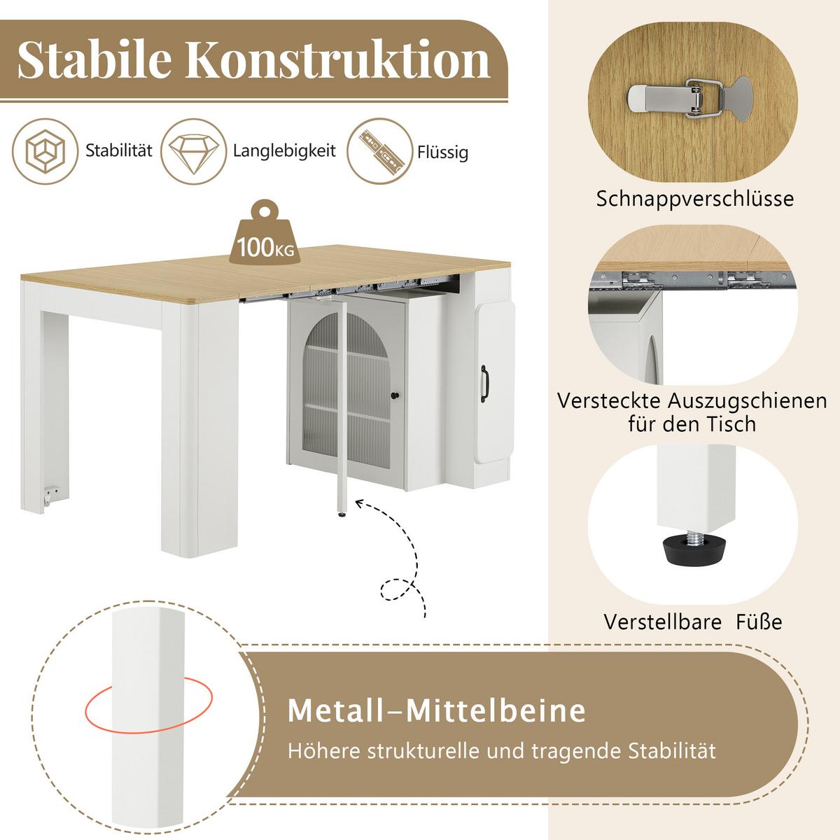 KÜCHENINSEL Mobile & Ausziehbarer Esstisch (4-in-1) mit LED - Weiß, Glas/Holzwerkstoff (83/77/40cm) - Urban Meuble