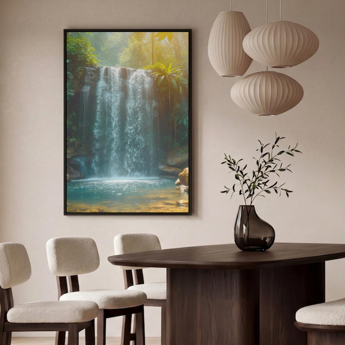 LEINWAND Bilder mit Rahmen - Wasserfall - Dschungel - Sonne - Grün - Natur - 100x150 - Grün, Textil (100/150cm) - MuchoWow