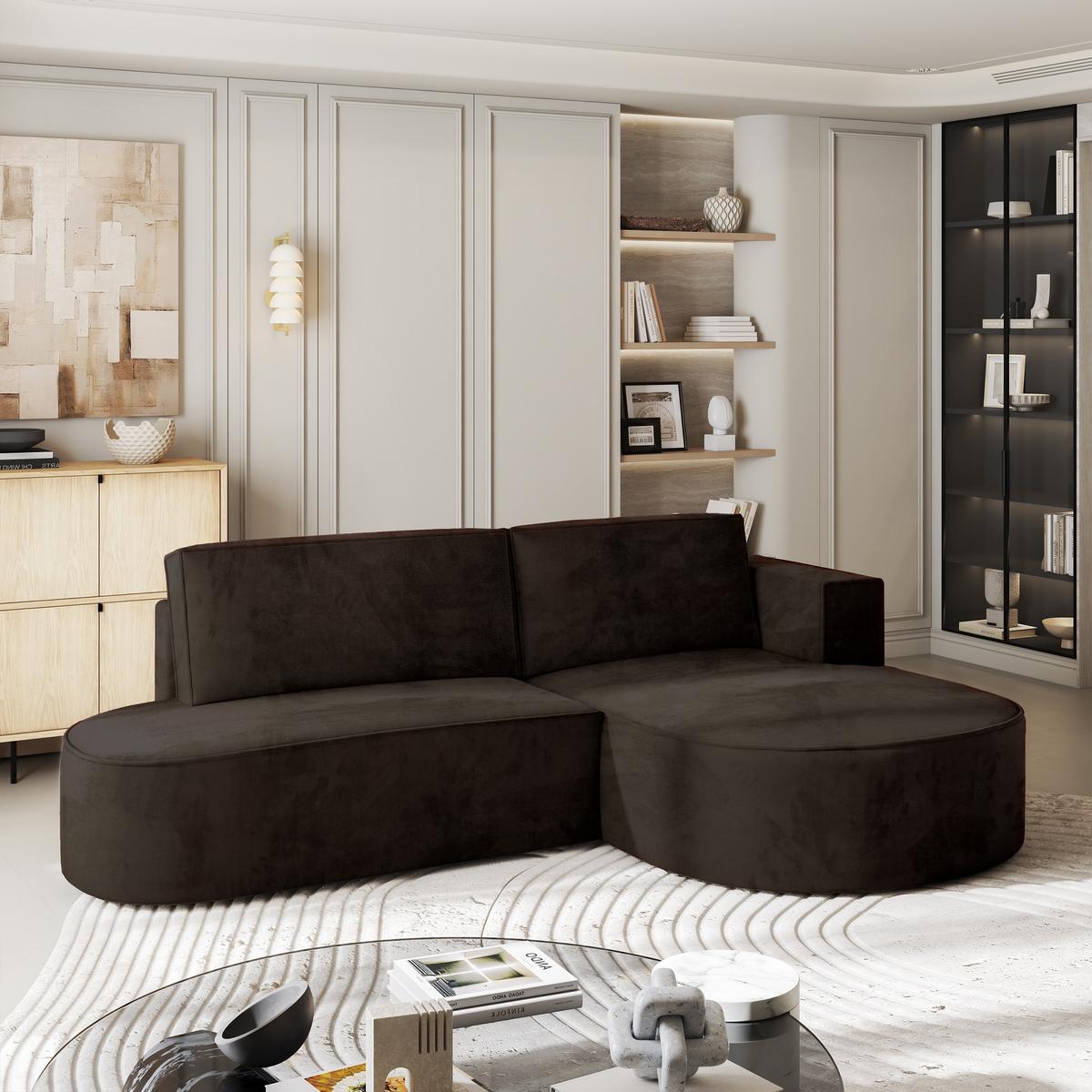 ECKSOFA CORTIO M R-S Braun Velours-Stoff mit Schlaffunktion - Braun/Grau, Holz/Kunststoff (265/174cm) - MASSENO