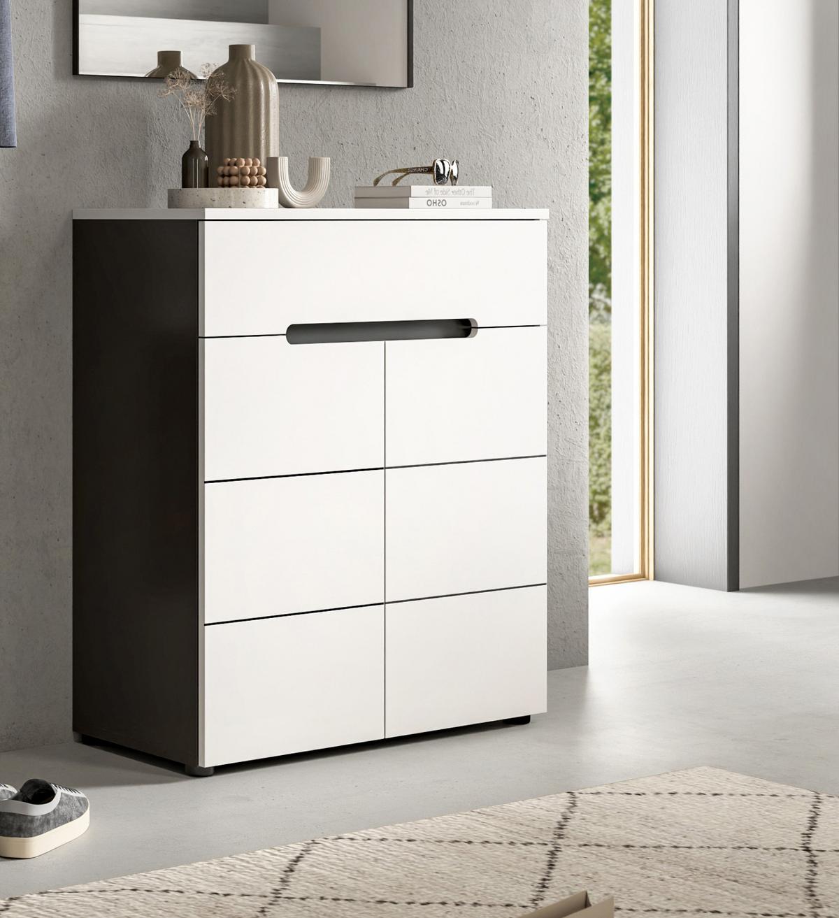 SCHUHKOMMODE weiß, grau, Flurkommode 80 x 94 cm, Vollauszug und Soft-Close - Schwarz/Weiß, Holzwerkstoff/Kunststoff (80/94/37cm) - Inn.Furn