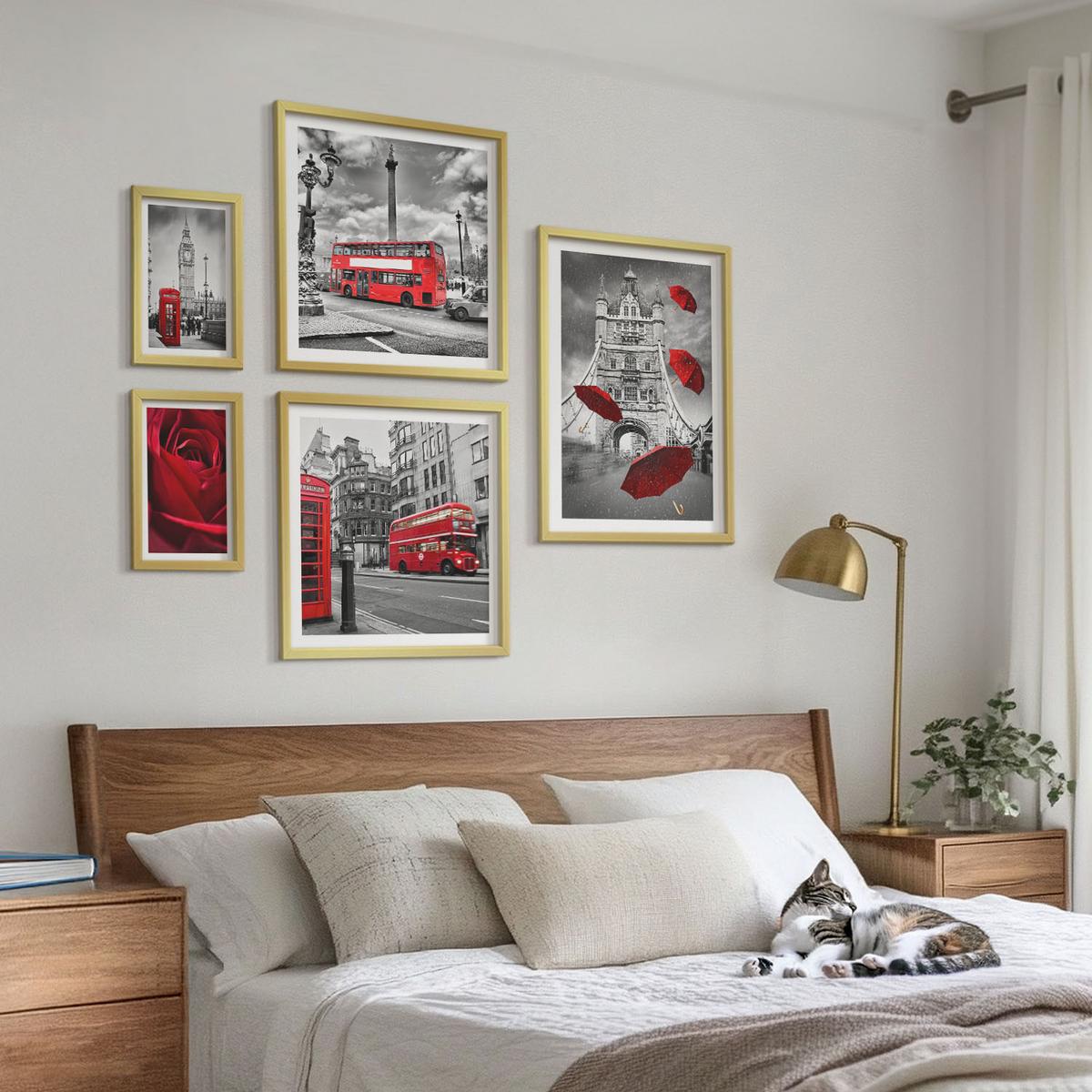 BILDER SET 5er Set - 50x50 cm & 20x30 cm & 40x60 cm Goldrahmen - Ginkgoblätter, heller Hintergrund - Goldfarben, Kunststoff (40/60cm) - TULUP