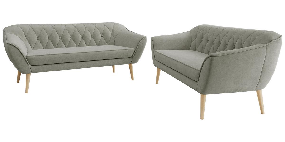 SITZGARNITUR PIRS 3+3 - Hellgrau Strukture - Holzbeine - Silberfarben/Buchefarben, Holzwerkstoff/Textil (180/75/74cm) - MKS