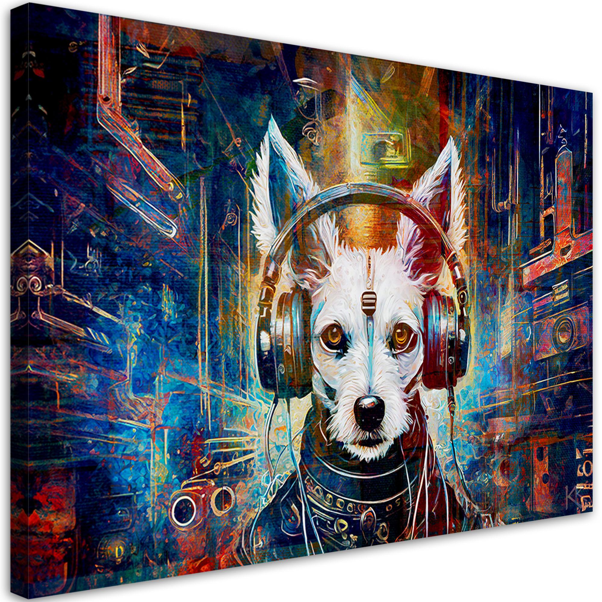 LEINWANDBILD Hund im Kopfhörer Abstraktion 60x40cm - Multicolor, Textil (60/40cm) - Feeby