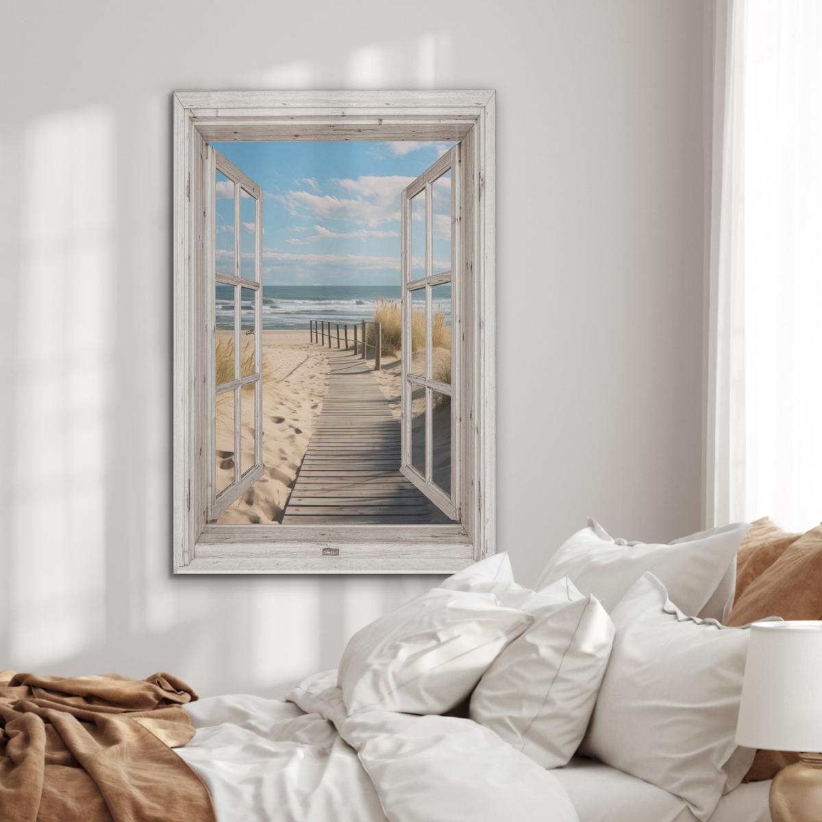 AKUSTIKBILD Fenster - Meer - Küste - Natur - Ausblick - Strand - Wattenmeer Wanddeko 70x100 cm - Beige, Kunststoff (70/100/0.9cm) - MuchoWow