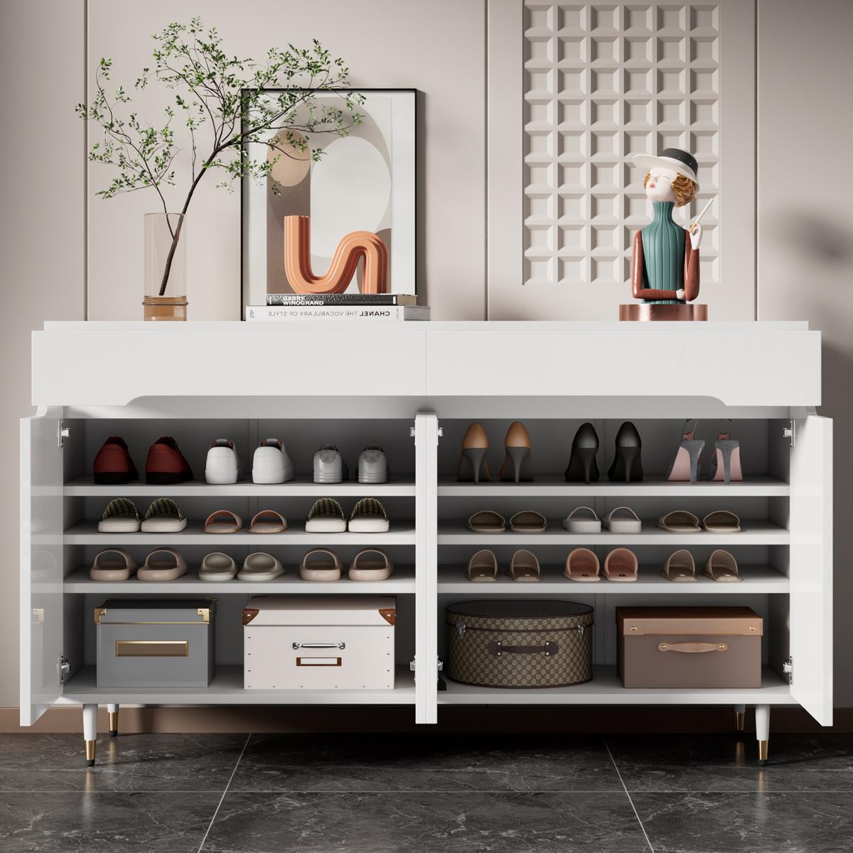 SIDEBOARD 2 Türen, 2 Schubladen, Goldene Beine Platz für 18–24 Paar Schuhe, Verstellbare Regale, Weiß - Weiß, Holzwerkstoff (140/84/39cm) - Urban Meuble