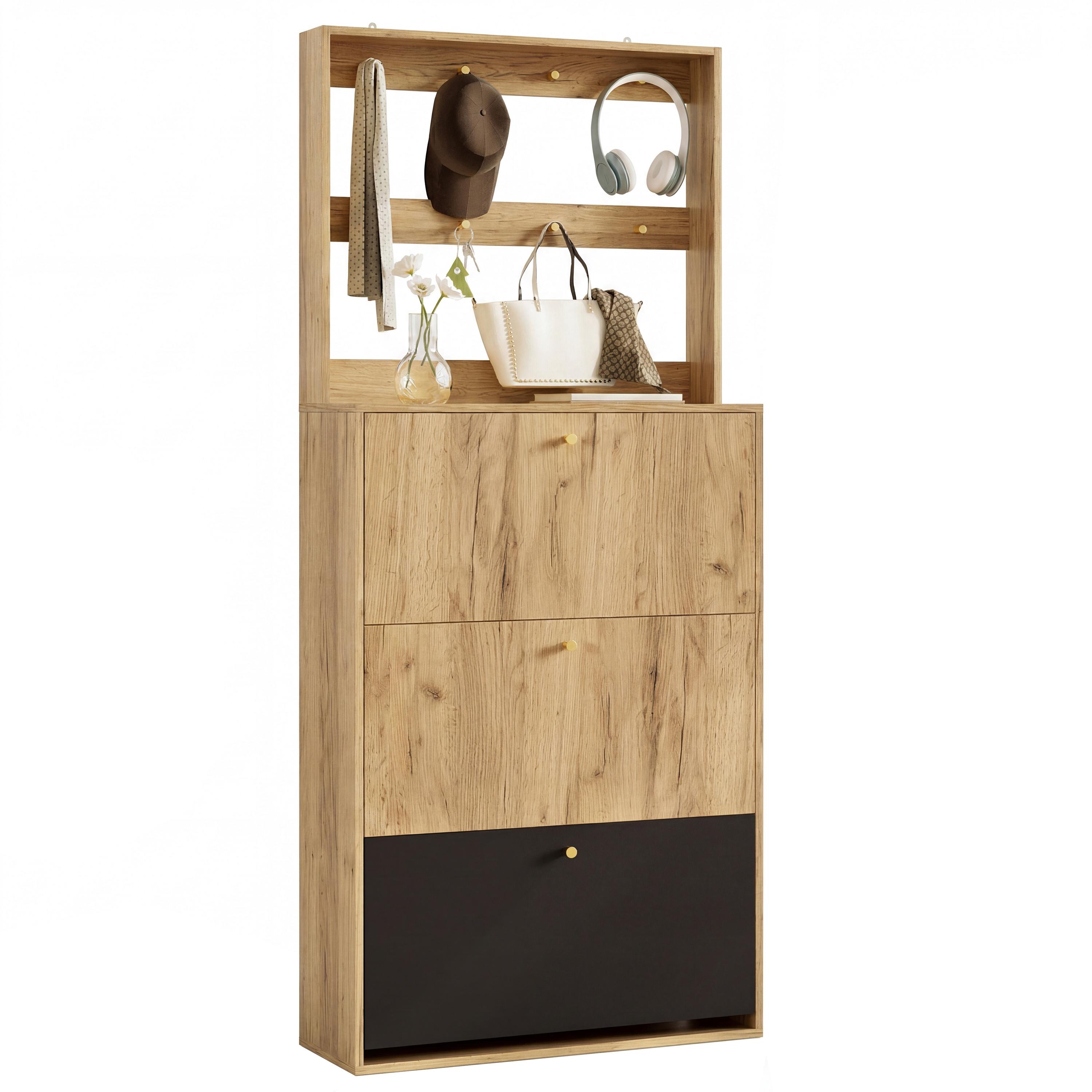 SCHUHSCHRANK mit schuhschrank, 3 klappfächer und garderobenhaken - Naturfarben, Holzwerkstoff (75/180/24cm) - Urban Meuble