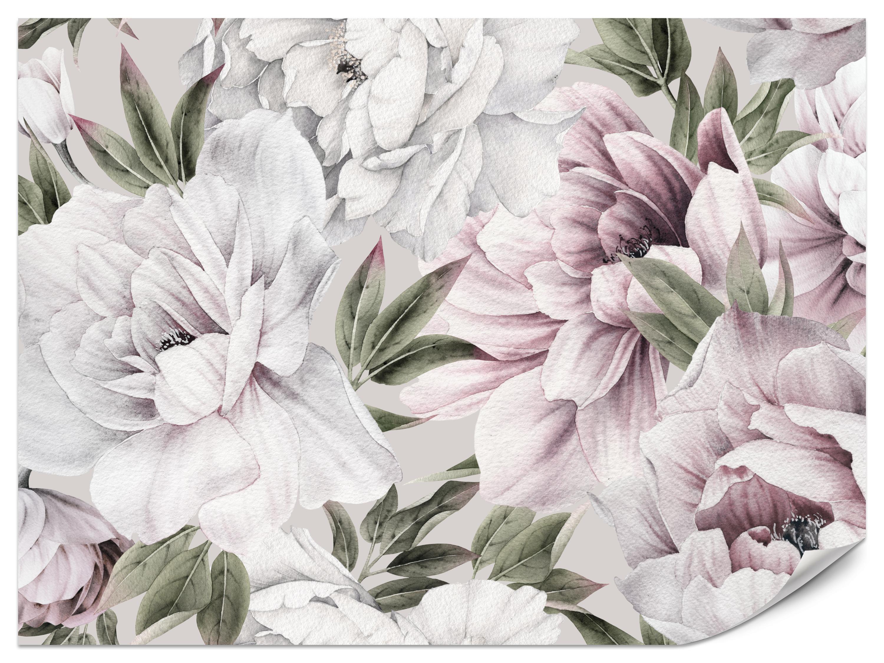 FOTOTAPETE für Schlafzimmer Pastell Pfingstrosen Boho Pflanzen 450x315 - Violett/Rosa, Papier (450/315cm) - Muralo