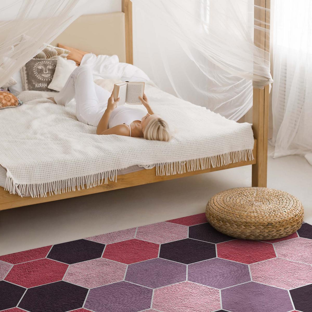 TEPPICH 100x150 cm Plüsch-Hexagone Geometrisches Muster - Rosa, Kunststoff (100/150cm) - Wallfluent