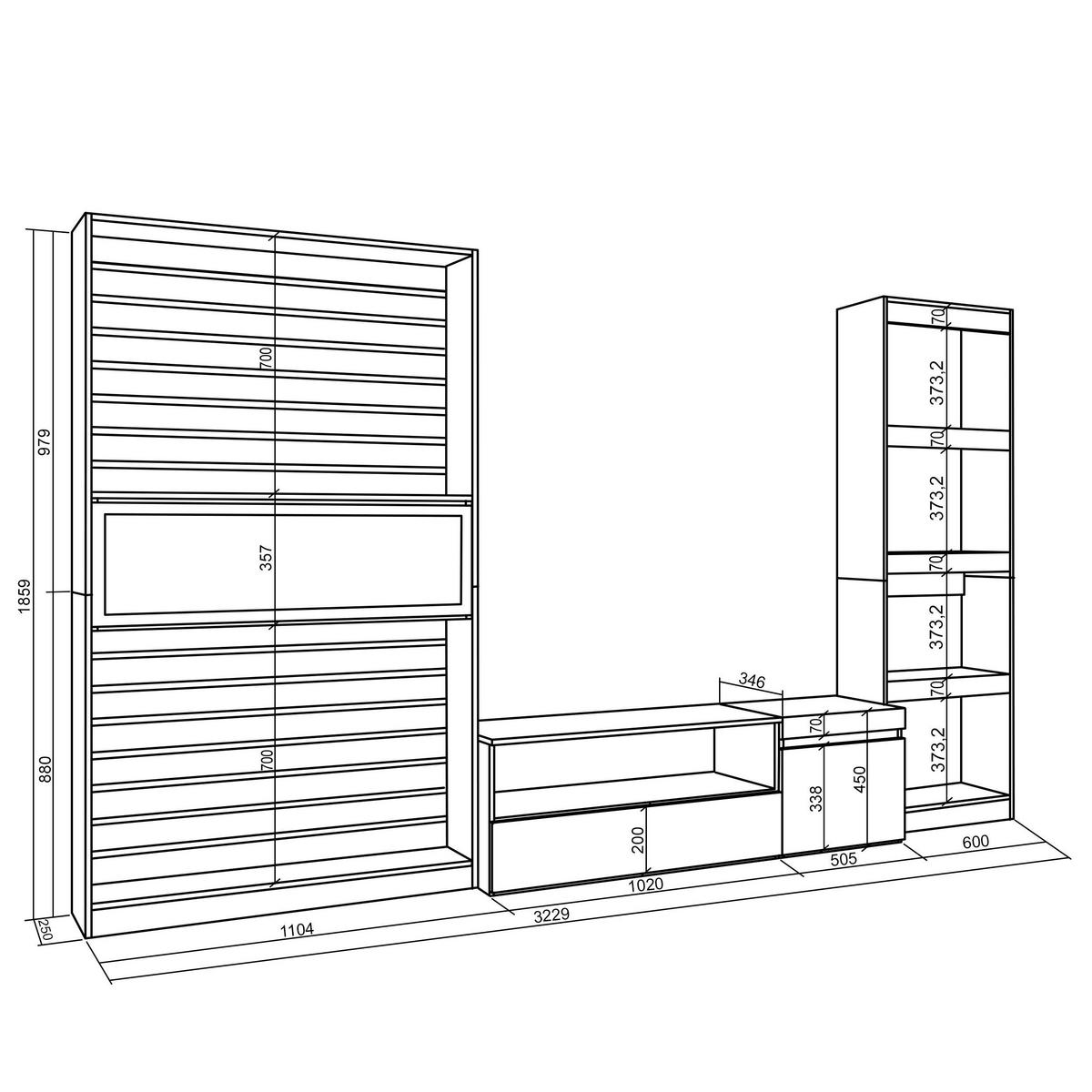 WOHNWAND Elektrokamin, eiche, schwarz, 320/35/186cm - Eichefarben/Schwarz, Holzwerkstoff (320/186/35cm) - Skraut Home