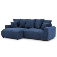 ECKSOFA Calma mit Schlaffunktion und Bettkasten im Bumpy-Design aus weichem Marineblau Plüschcord - Ottomane links - Blau/Schwarz, Holz/Kunststoff (239/140cm) - S-Style