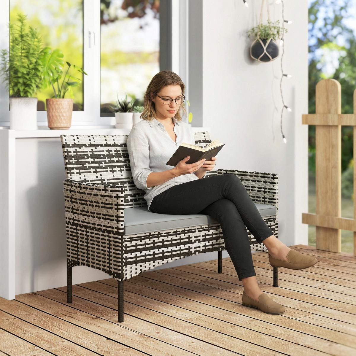 GARTENBANK 2-Sitzer aus PE-Rattan-Stahl Hellgrau - Dunkelgrau/Beige, Textil/Metall (63/85/115cm) - Outsunny