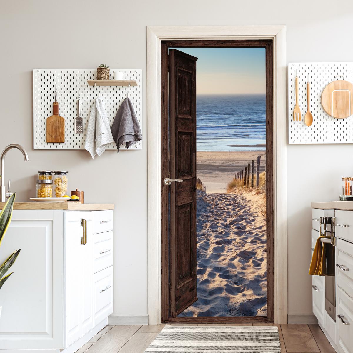 TÜRAUFKLEBER Durchblick - Strand - Meer - Weg - Dünen 90x215 cm - Türtapete - Sandfarben, Kunststoff (90/0.1cm) - MuchoWow